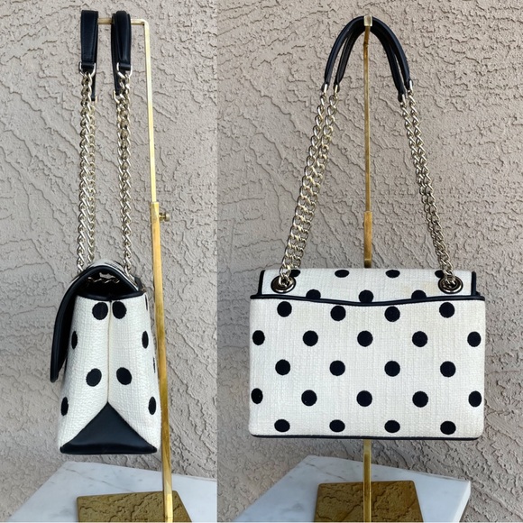 KATE SPADE Black & White Polka Dot Textured Natalia Chain Strap Flap Satchel Bag - Picture 10 of 17